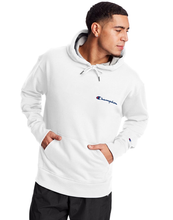 Champion Powerblend Fleece Script Logo Erkek Kapşonlu Sweatshirt Beyaz ( YQRPKD582 )